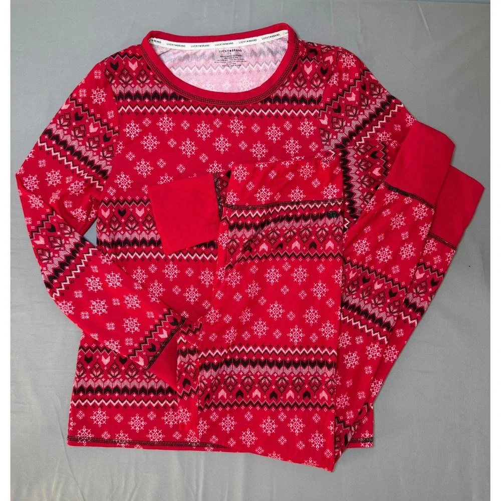 Lucky Brand Womens Red Winter Snow Pajama Set Long Sleeve Top Leggings Size L